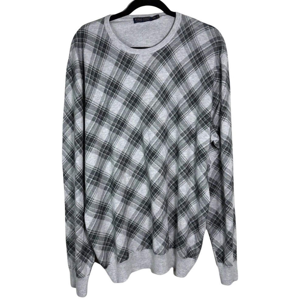 Polo Golf‎ Ralph Lauren Mens XXL Grey Plaid Cotton Cashmere Crewneck Sweater